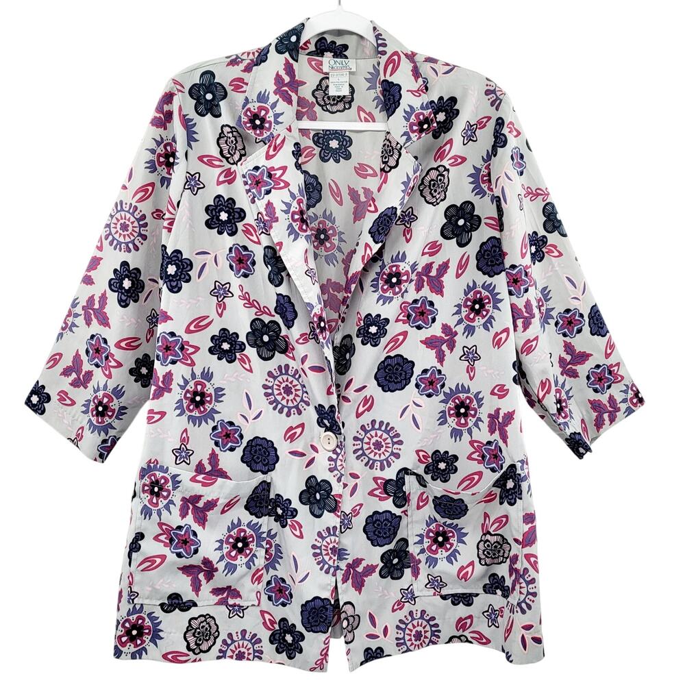 Vintage ONLY NECESSITIES Purple Gray Floral Print Blazer Jacket Women's Size L